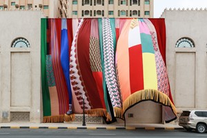 Joe Namy, 'Libretto-o-o: A curtain Design in the Bright Sunshine Heavy with Love' (2017). Installation view: Sharjah Biennial 13, ‘Tamawuj,’ Sharjah, UAE (10 March–12 June 2017). © Ocula. Photo: Charles Roussel.